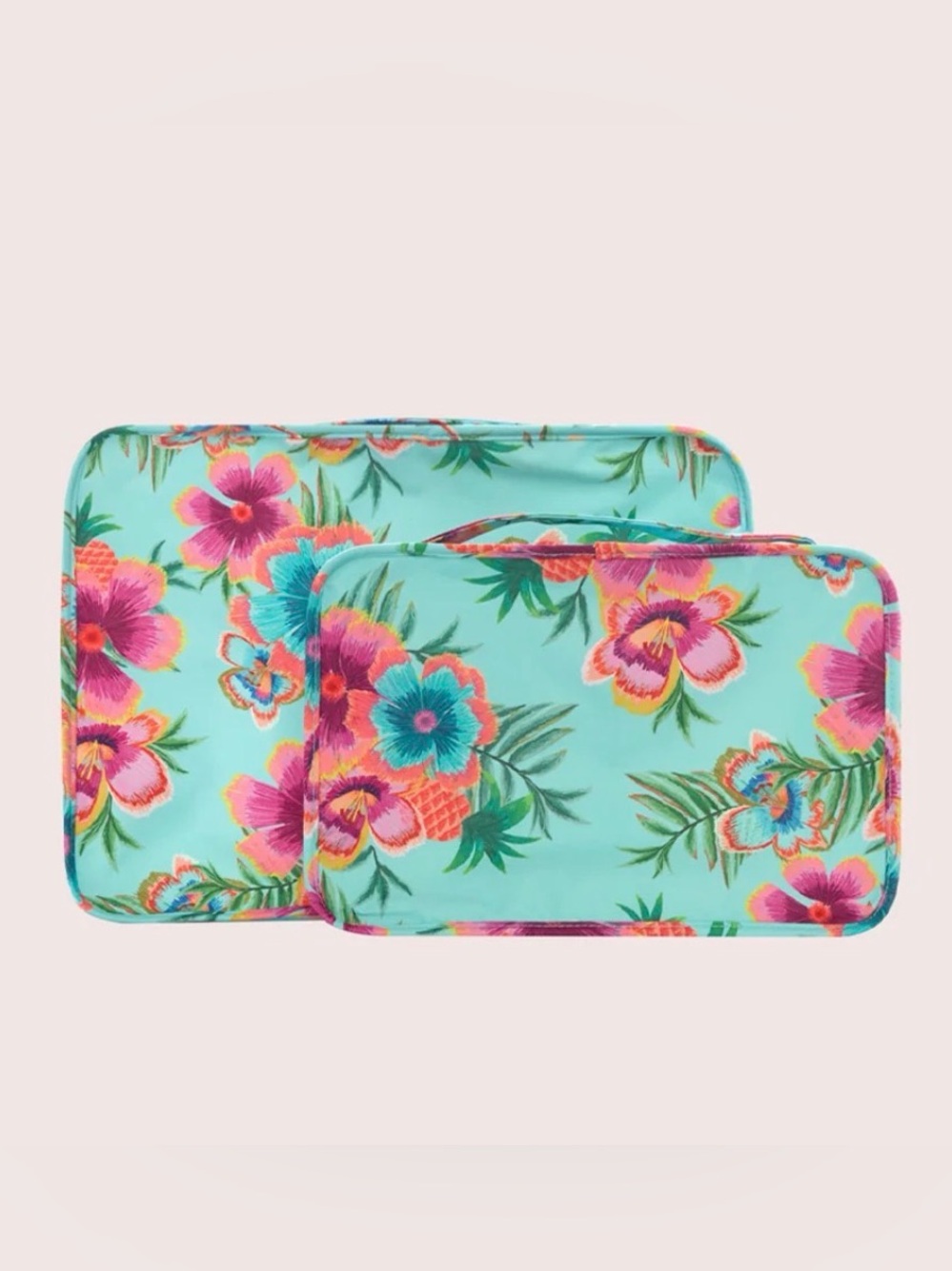 PQ 2 pc Turquoise Floral Travel Packing Cubes Bags Set for Suitcases